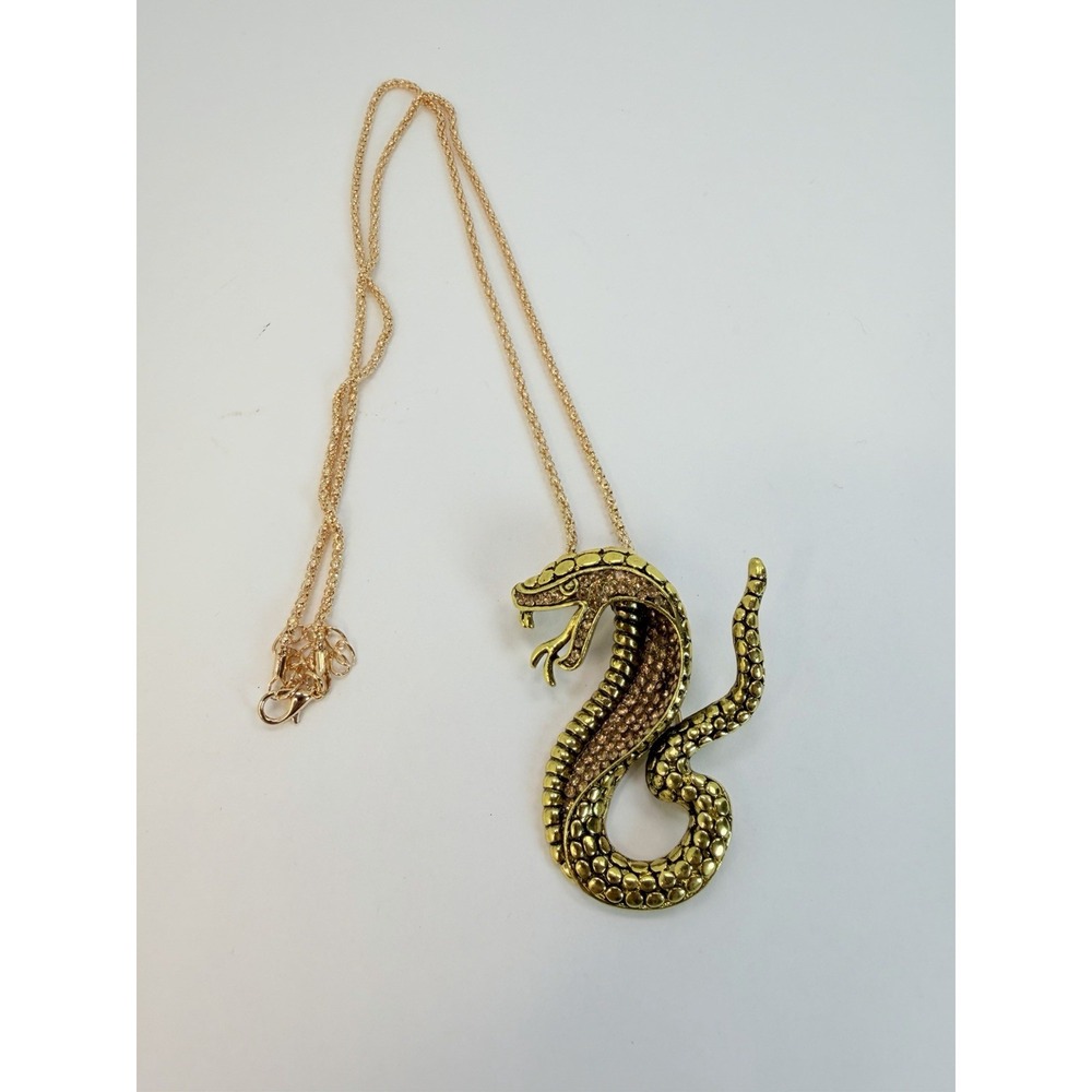 Rearing Up Snake Slithering Gold Tone Pendant Brooch Rhinestone Necklace Costume